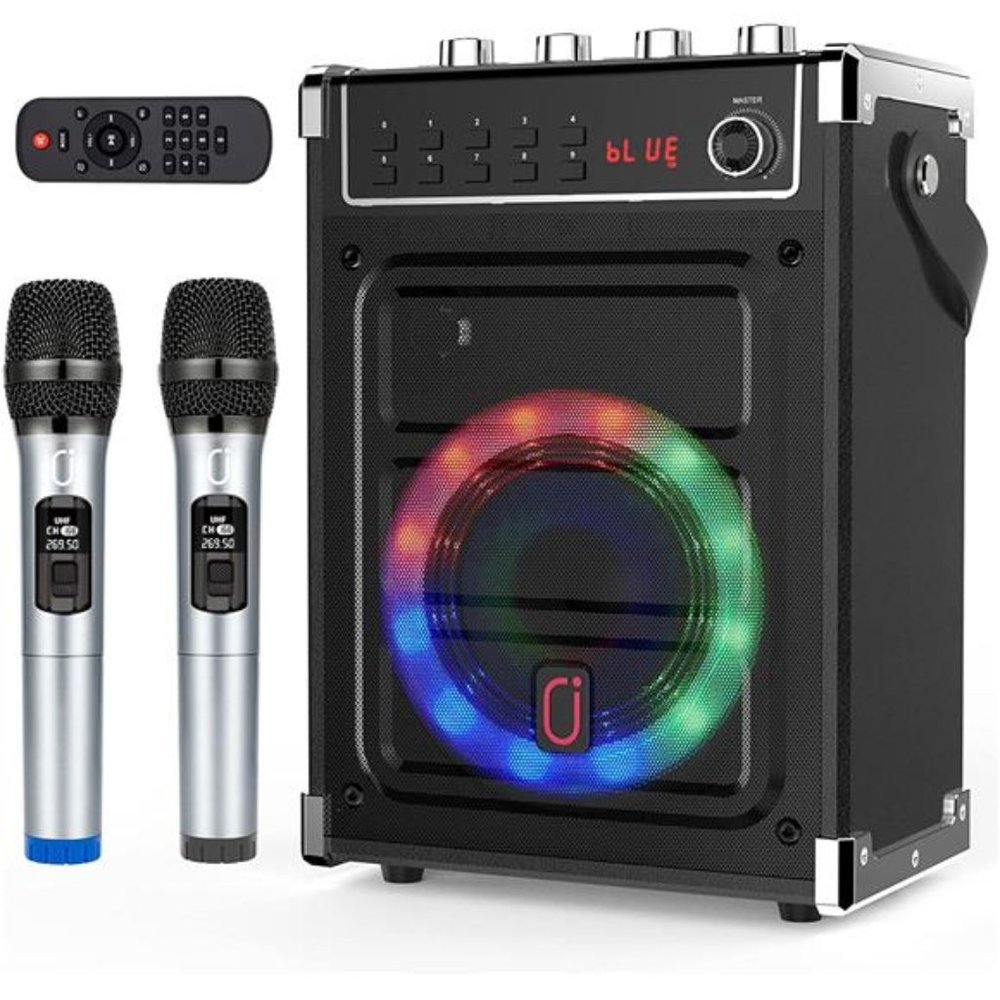 Karaoke Machine with 2 UHF Wireless Microphones, Bluetooth Speaker with Bass